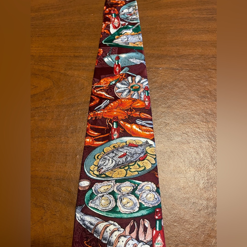 Tabasco 100% silk novelty tie featuring a seafood, "lobster boil" pattern
